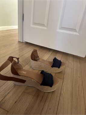 Women's Tan Espadrille Wedge Sandals with Navy Strap